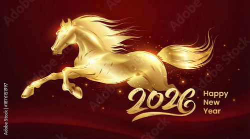 Flat vector illustration : gold horse, typography calligraphy text 
