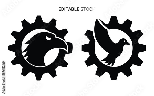 black and white gear icons with eagle and bird silhouette high quality professional