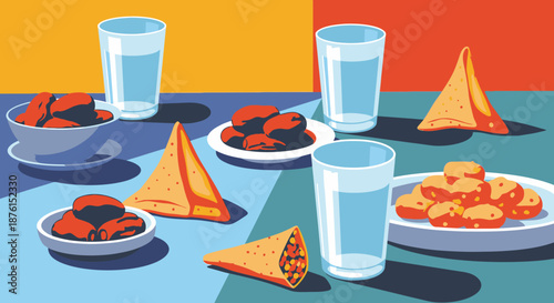 A vibrant, colorful illustration showcasing a delightful spread of traditional snacks and refreshing water, perfect for festive gatherings or breaking a fast.
