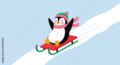 Joyful cartoon penguin wearing a pink and green winter hat and scarf has fun sledding down a snowy hill on a red sled.