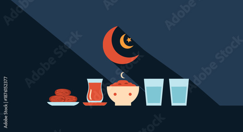 An illustrative flat design depicting traditional elements for breaking the fast during Ramadan, featuring dates, drinks, food, and the iconic crescent moon and star symbol.