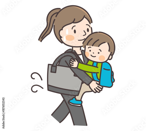 幼児を抱っこして急ぐ母親のイラスト

