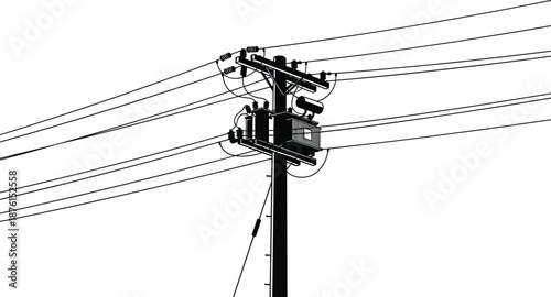 Detailed High Voltage Utility Pole Silhouette with Power Lines and Transformer for Energy Infrastructure Public Works and Industrial Electricity Distribution