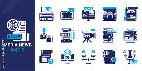 Media News Icon set. Containing story, bulletin, breaking, live, broadcast, channel and more. Solid vector icons collection. Vector illustration.