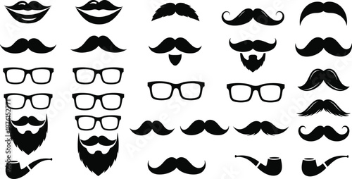 Large collection of black silhouette hipster icons featuring various mustache styles glasses frames beards and smoking pipes on a white background