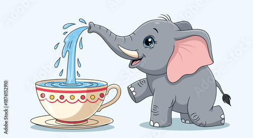 Playful and happy baby elephant uses its trunk to spray a stream of water into an oversized, decorated teacup.