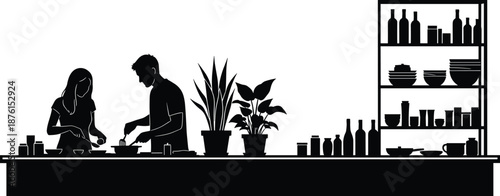Black Silhouette Vector Illustration of a Couple Cooking Together in a Kitchen with Domestic Plants Shelves and Kitchenware Interior Scenery