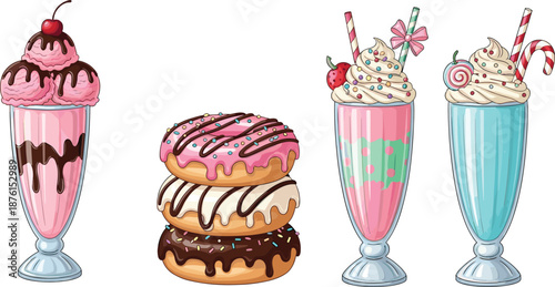 Colorful Vector Illustration Collection of Sweet Summer Treats Featuring Ice Cream Sundae Glazed Donuts and Milkshakes with Whipped Cream and Sprinkles