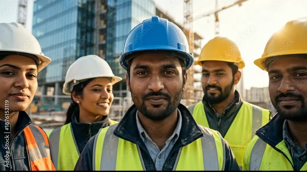 custom made wallpaper toronto digitalSmiling Construction Workers in Safety Helmets and Vests at Building Site, Showcasing Teamwork and Diversity in Sunlight