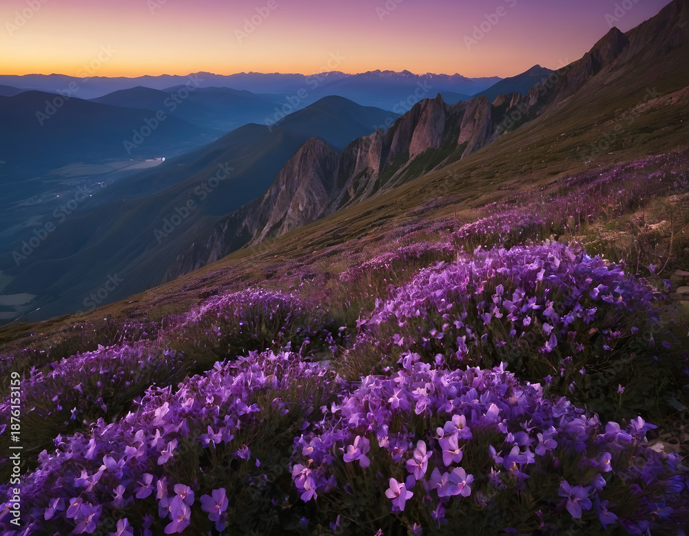 Fototapeta premium Mountains with purple flowers at sunset. A sunset in the mountains.