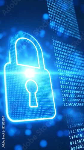 4K Video of a Secure Digital Padlock Symbol Illuminating on a Binary Code Background Representing Cybersecurity