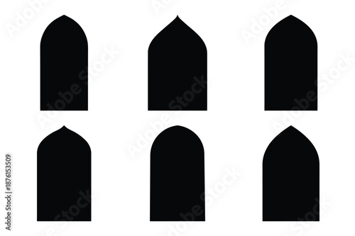 a set of five black arched windows in silhouette high quality professional detailed