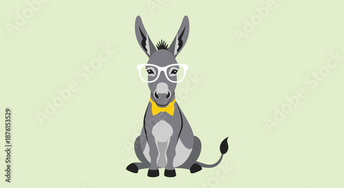 A nerdy but charming gray donkey character is sitting down, wearing a yellow bowtie and stylish white-framed glasses.