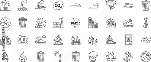Environmental pollution and climate change line icon set with air water waste emissions and ecological hazard symbols