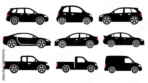 Car vehicle silhouette collection including sedan pickup truck suv and van transport