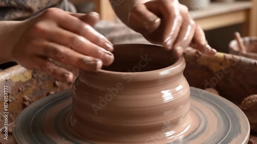 Wallpaper Mural Clay-covered hands center a spinning pot on a pottery wheel in a warm sunlit studio, focused at work Torontodigital.ca