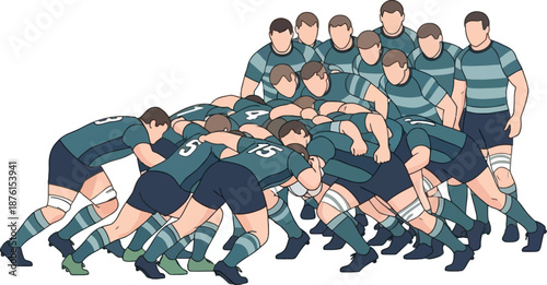 Rugby players in scrum formation together.