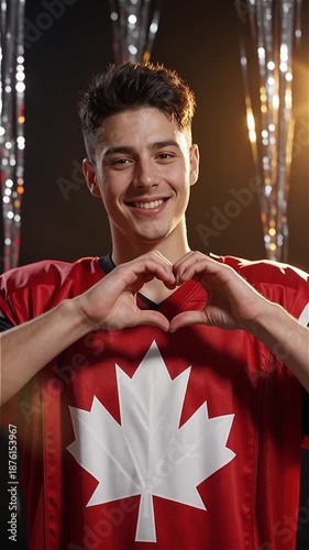 Smiling young Canadian man in red national soccer jersey making heart gesture with hands showing love and support for his team on a festive bokeh background vertical portrait for sports events