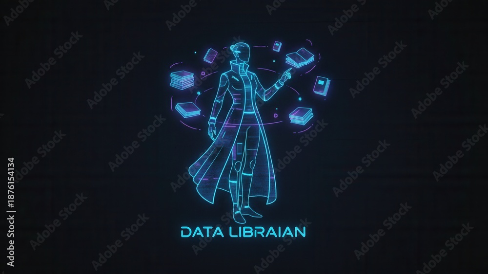 Fototapeta premium Futuristic data librarian managing digital information streams and knowledge archives
