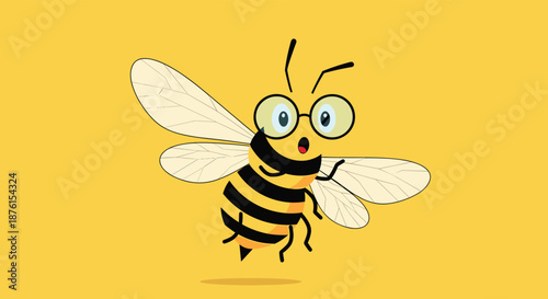 A surprised and nerdy cartoon bee with big, curious eyes and round glasses is flying with a shocked expression on its face.