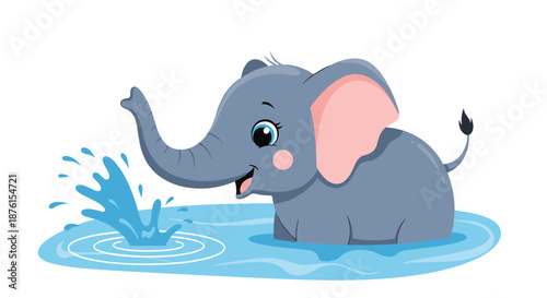 An adorable baby elephant with big eyes and rosy cheeks is happily splashing water with its trunk while playing in a puddle.