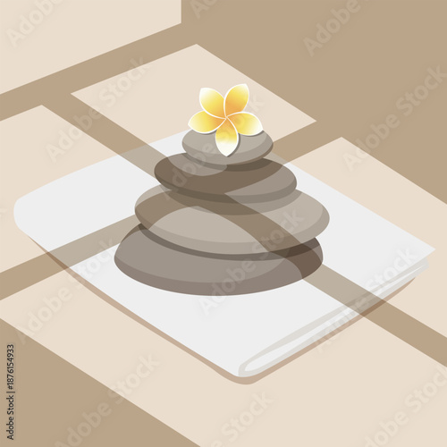 Zen spa illustration with stacked stones and a frangipani flower on a soft towel, calm minimal design for wellness, relaxation, and meditation themes.