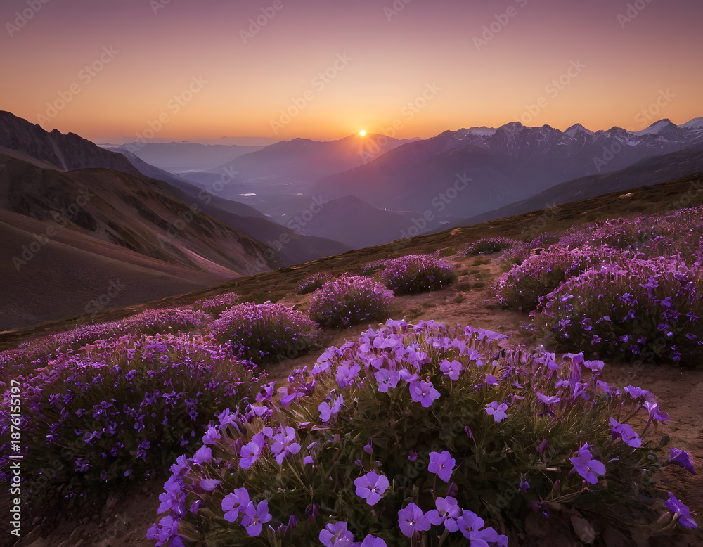 Obraz premium Mountains with purple flowers at sunset. Lavender field at sunset in France.