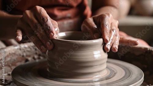 Wallpaper Mural Close-up two clay-covered hands center and shape a spinning pot on a wet wheel, tactile focus anew Torontodigital.ca