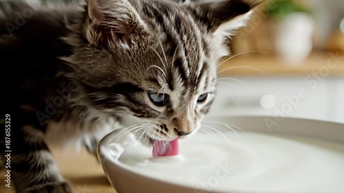 Wallpaper Mural Curious gray tabby kitten laps white milk from shallow bowl on wooden counter, kitchen blurred home Torontodigital.ca