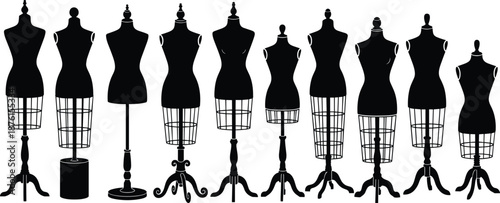 Professional Tailors Dummy and Dress Form Silhouette Collection Featuring Various Mannequin Styles for Fashion Design Garment Construction and Sewing Workshop