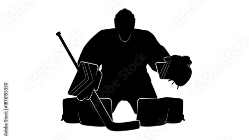 Goalkeeper in action, silhouette of hockey player with equipment and stick