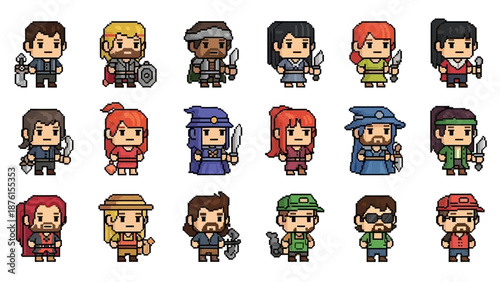 Cute Pixel Art RPG Characters in Retro 8-Bit Game Style