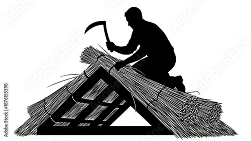Farmer working on thatching a roof with a sickle in a rural setting