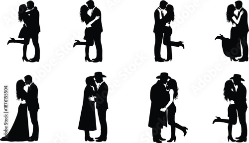 Romantic Couple Kissing Silhouette Collection Featuring Wedding Pairs and Cowboy Lovers Vector Set for Greeting Cards and Valentines Day Design
