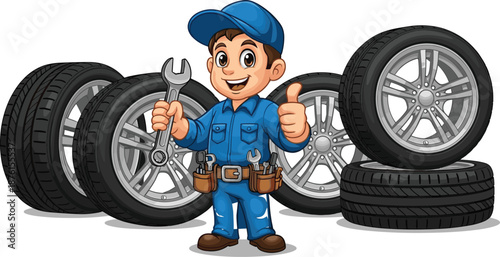 Friendly cartoon auto mechanic character holding a wrench and giving a thumbs up surrounded by car tires for repair services