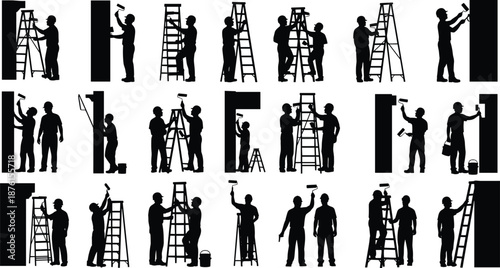 Professional House Painter Silhouette Set Featuring Construction Workers on Ladders Painting Walls with Rollers and Brushes for Home Renovation and Maintenance