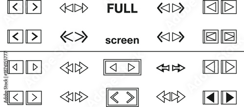 Fullscreen media control line icons set, navigation arrows video player playback interface outline vector symbols collection ui ux buttons minimal