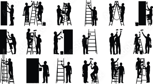 Black silhouette collection of construction workers and house painters using ladders rollers and tools for renovation and building on white background