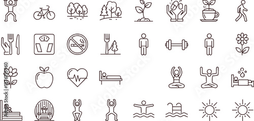 Healthy lifestyle outline icons set, fitness wellness nature and daily habits concepts, exercise nutrition symbols, modern vector illustration