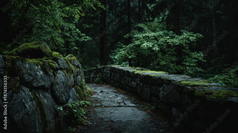 Obraz premium Stone bridge in a lush green forest
