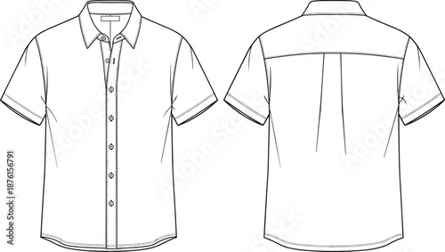 Flat Technical Sketch of Men’s Short Sleeve Button Down Casual Shirt Featuring Front and Back Views for Fashion Design Mockup