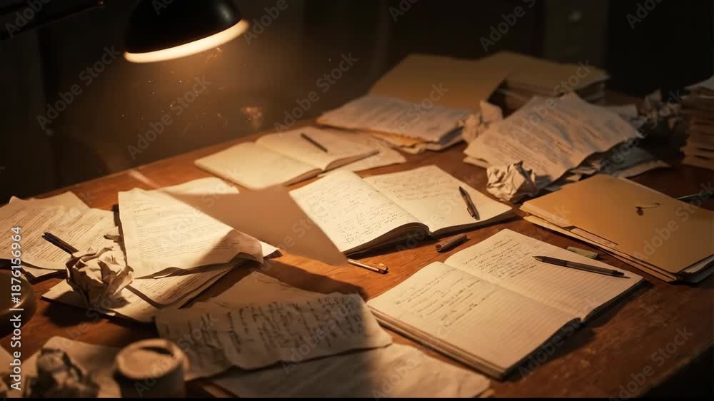 custom made wallpaper toronto digitalCluttered Desk with Scattered Papers, Notebooks, and Pens Under Warm Lamp Creating Focused and Intense Writing Atmosphere