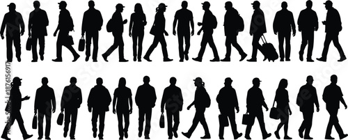 Black Silhouettes of People Walking and Commuting with Luggage and Bags for Urban City Life Professional Business and Travel Vector Concept