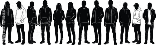 Black and White Silhouette of a Diverse Group of People Wearing Casual Hoodies and Streetwear Standing Together in a Row