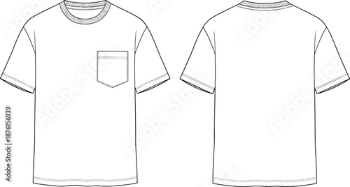 Technical Flat Sketch of Men’s Crewneck Pocket T-shirt Featuring Front and Back Views for Fashion Design Mockup and Apparel Product Development