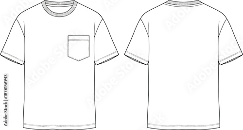 Technical Flat Sketch of Men’s Crewneck Pocket T-shirt Featuring Front and Back Views for Fashion Design Mockup and Apparel Product Development