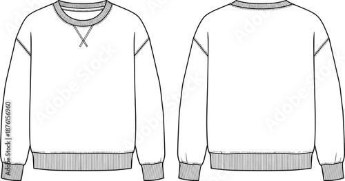 Technical Flat Sketch of a Men’s Oversized Crewneck Sweatshirt Featuring Front and Back Views for Apparel Design and Fashion Product Development