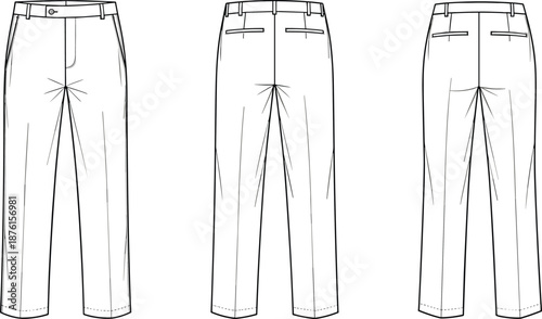 Flat Technical Sketch of Men’s Classic Dress Trousers Featuring Front and Back Views for Fashion Design Mockup and Apparel Product Development