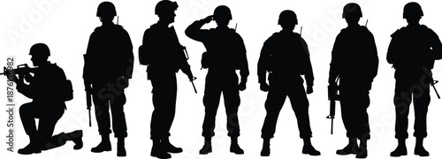 Black Silhouettes of Brave Soldiers and Military Officers Standing in Line with Rifles and Gear Isolated on White Background for Veterans Day