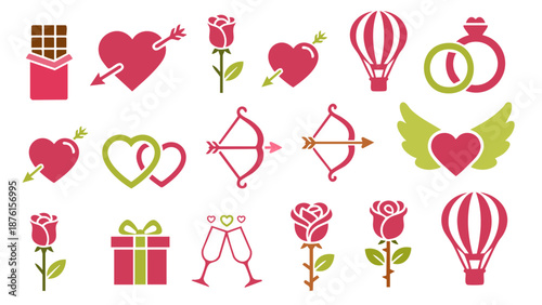 Valentine day love icon set with chocolate rose heart and hot balloon